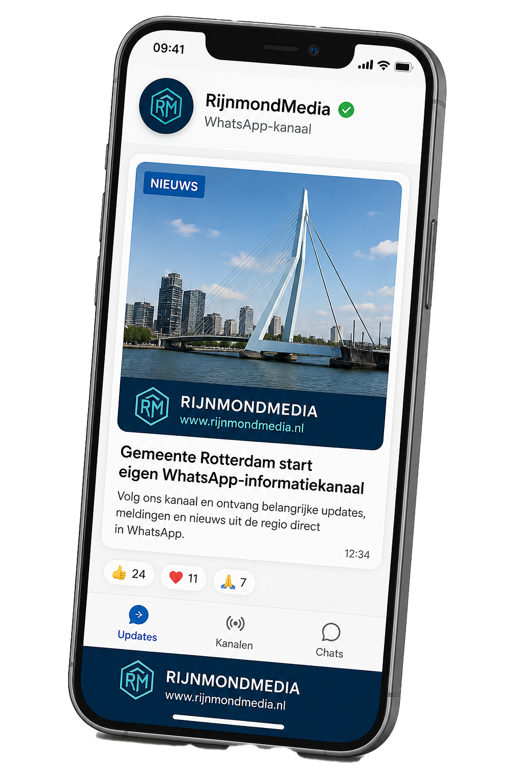 Voorbeeld van het RijnmondMedia WhatsApp Channel op een smartphone